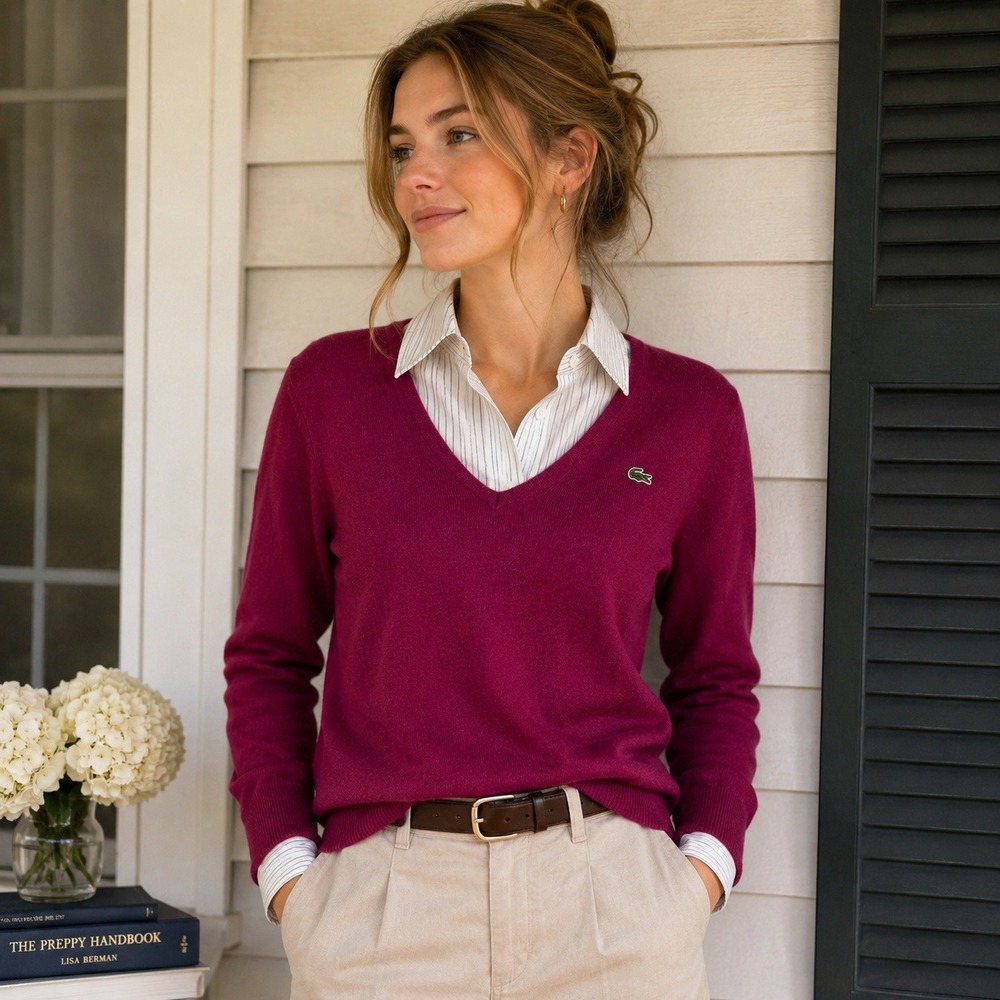 Vintage Y2K Lacoste Womens Wool V Neck Sweater Sz 36 S Magenta Crocodile Preppy